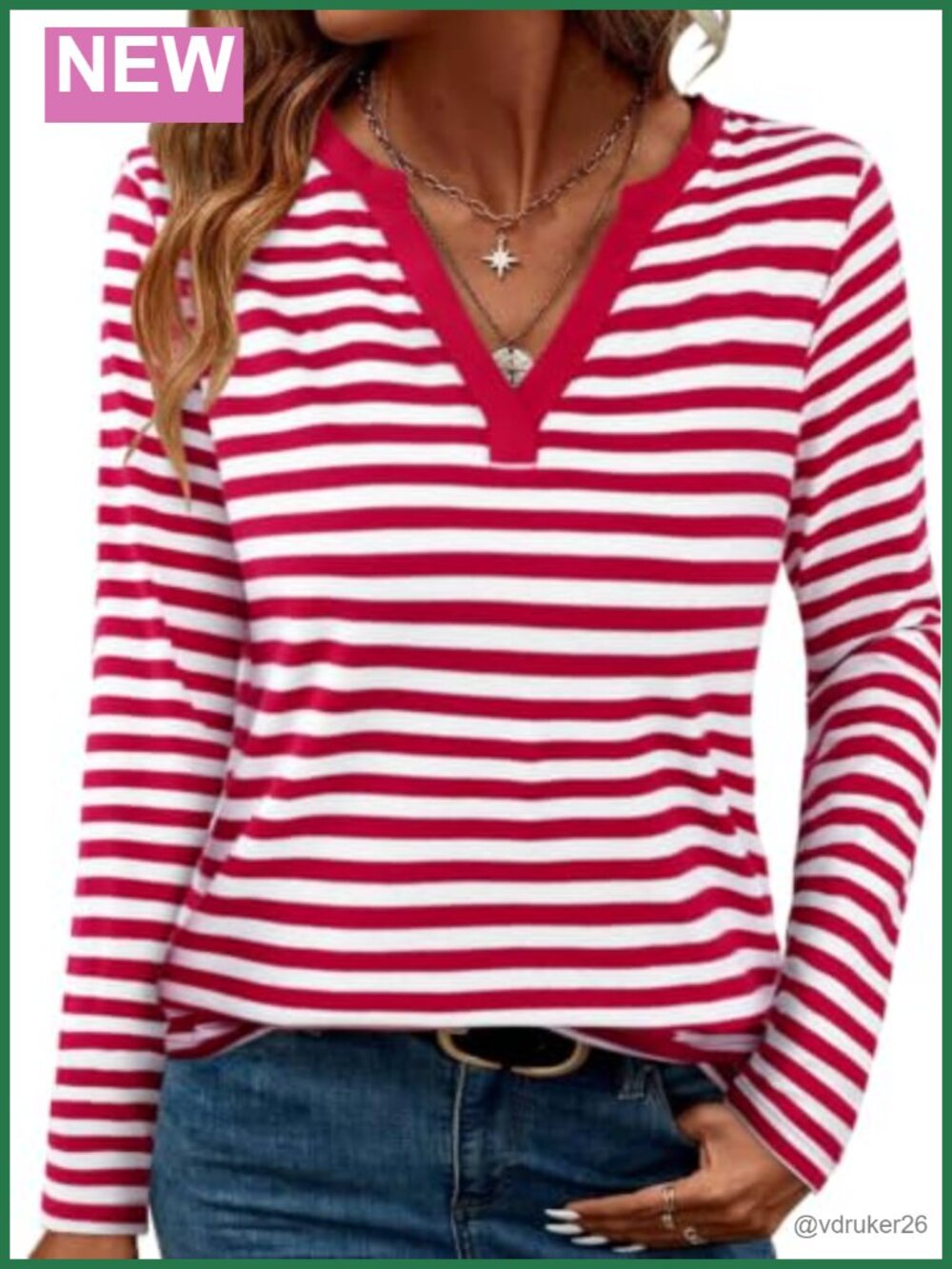 Women's Striped Long Sleeve V-Neck T-Shirt Cotton Blend Regular Fit